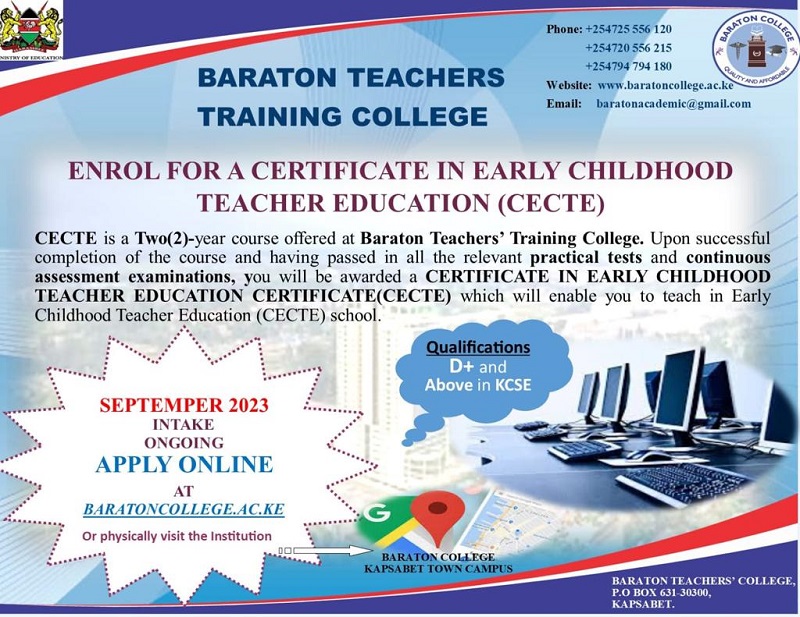 We offer Certificate in Early Childhood Teacher Education